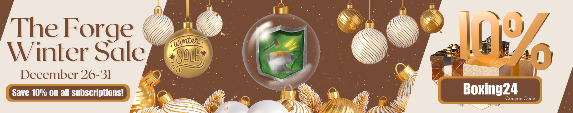 Christmas-themed banner promoting The Forge's 10% sale on new subscriptions